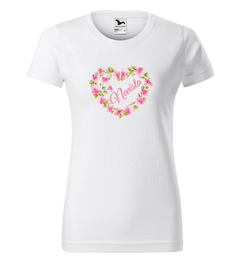 Tričko Nevěsta – srdce z květin (dámské) (Velikost: L, Barva trička: Bílá)