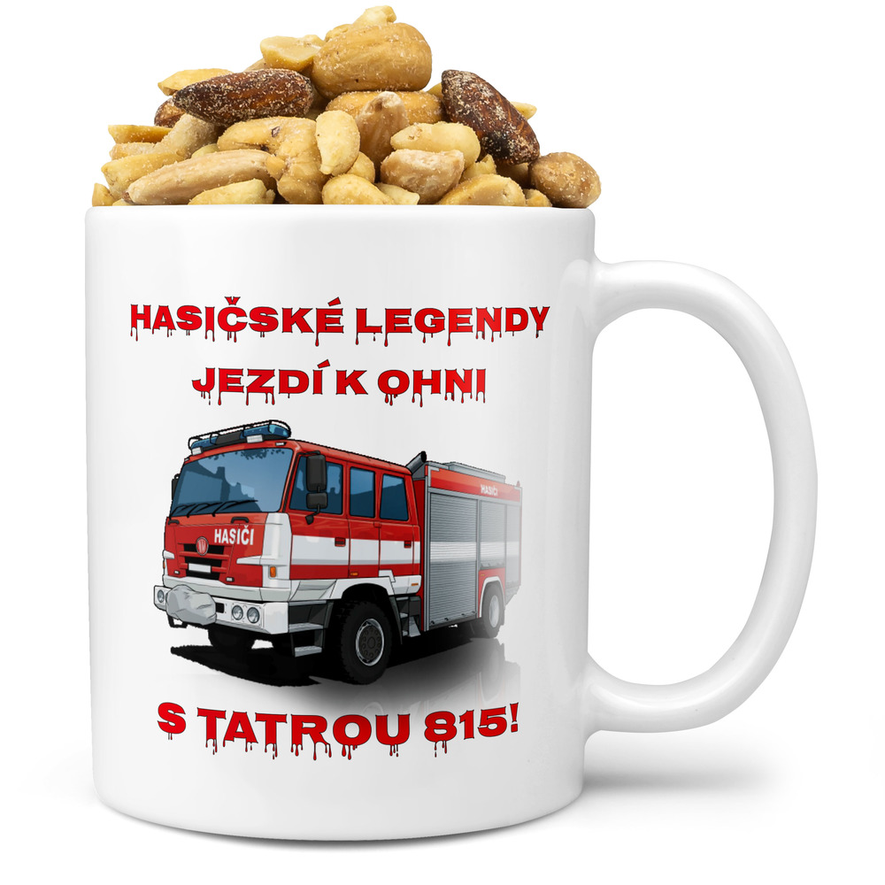 Hrnek Hasičské legendy – Tatra 815 (Náplň hrníčku: Směs slaných oříšků)