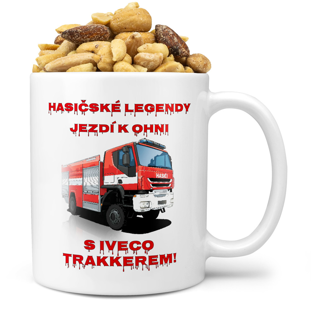 Hrnek Hasičské legendy – IVECO Trakker (Náplň hrníčku: Směs slaných oříšků)