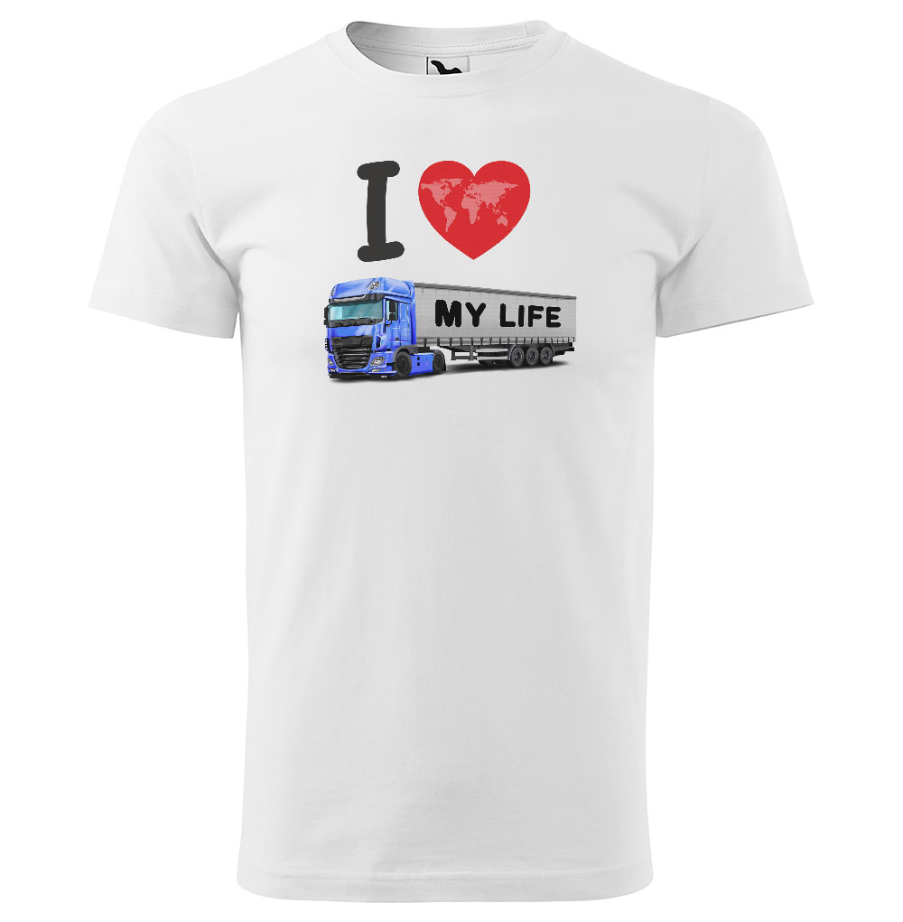 Pánské tričko Kamion – my Life (Velikost: M, Barva trička: Bílá, Barva kamionu: Modrá)