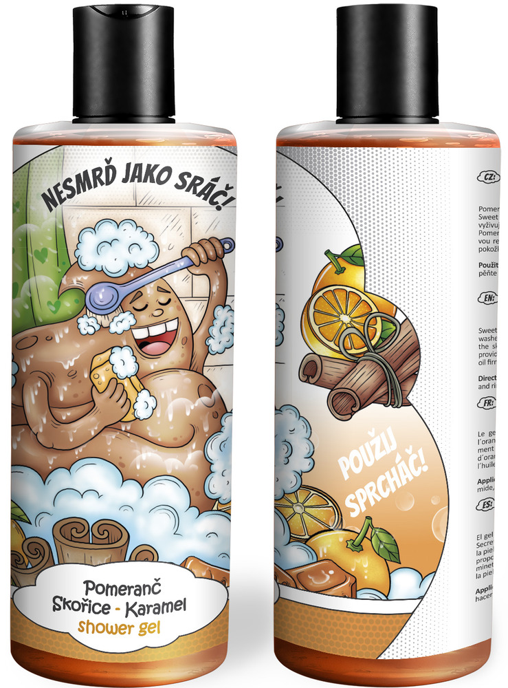 Vtipný sprchový gel – Jako sráč (Vůně sprchového gelu: Pomeranč, skořice & karamel)