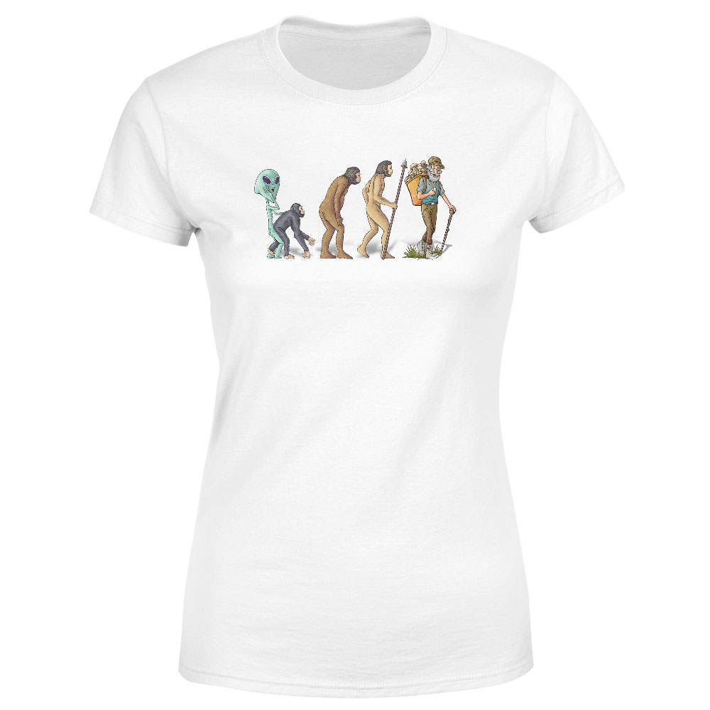 Tričko Evoluce houbaře (Velikost: M, Typ: pro ženy, Barva trička: Bílá)