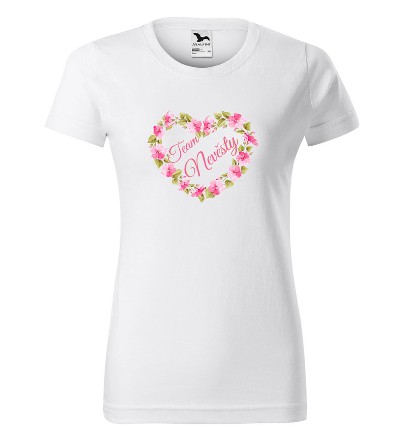Tričko Team nevěsty – srdce z květin (dámské) (Velikost: XS, Barva trička: Bílá)