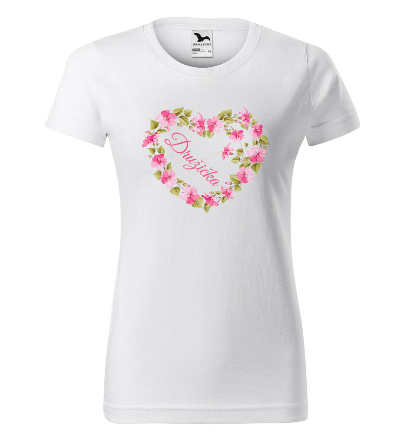 Tričko Družička – srdce z květin (dámské) (Velikost: S, Barva trička: Bílá)