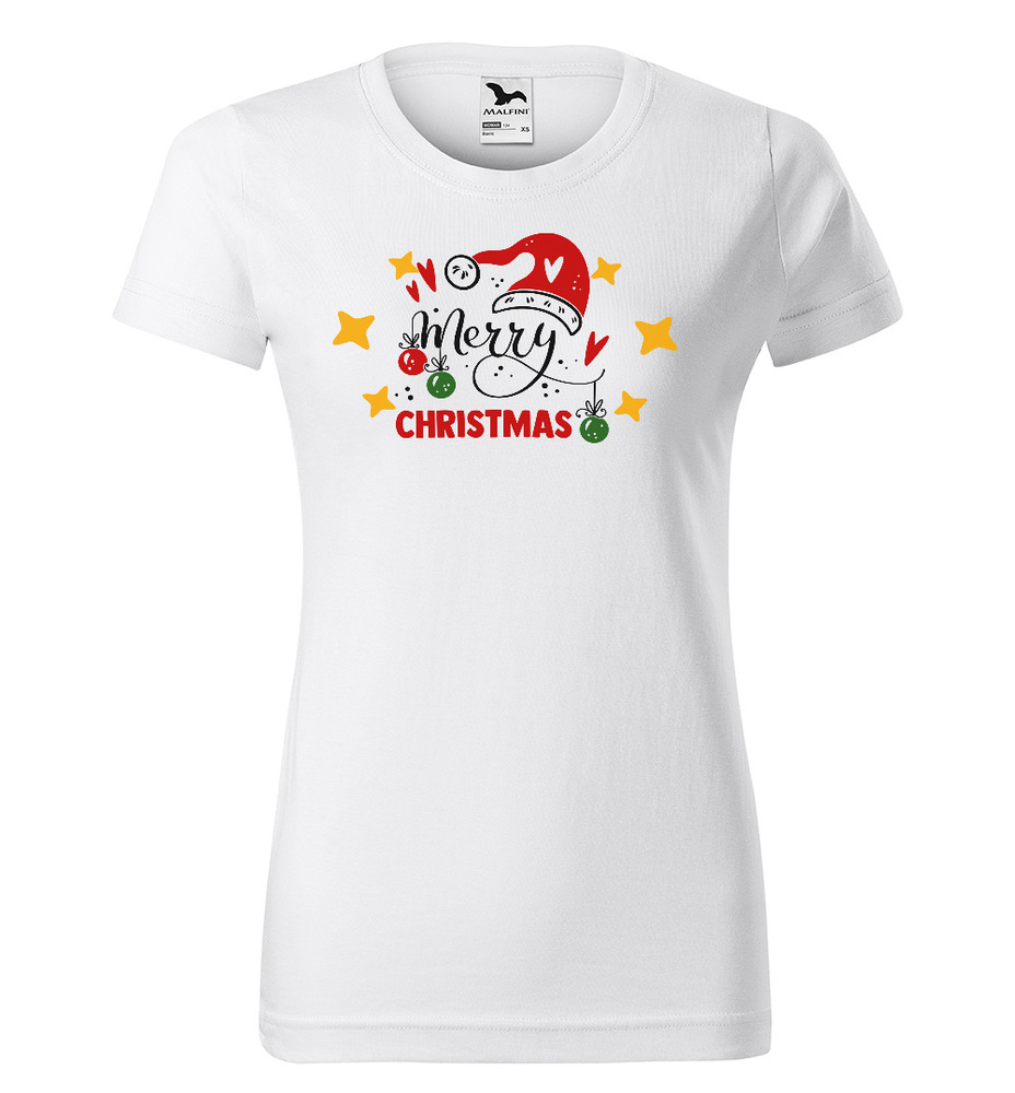 Tričko Merry Christmas (Velikost: XS, Typ: pro ženy, Barva trička: Bílá)
