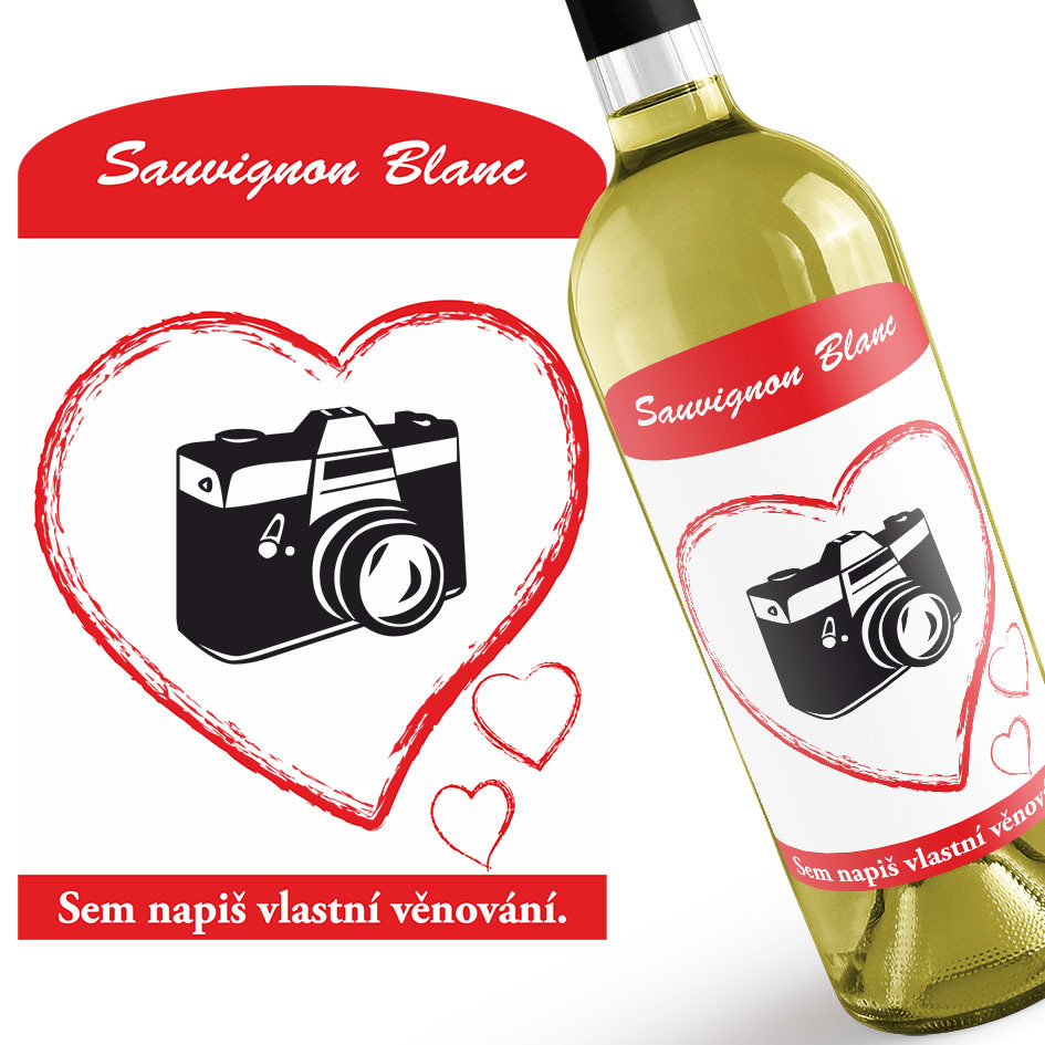 Levně Bílé víno s fotkou v srdci + věnování