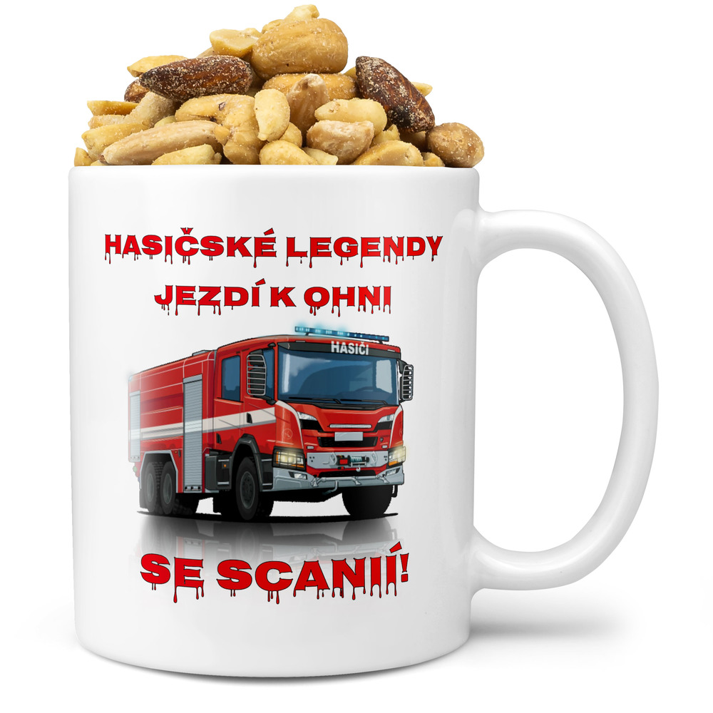 Hrnek Hasičské legendy – Scania (Náplň hrníčku: Směs slaných oříšků)