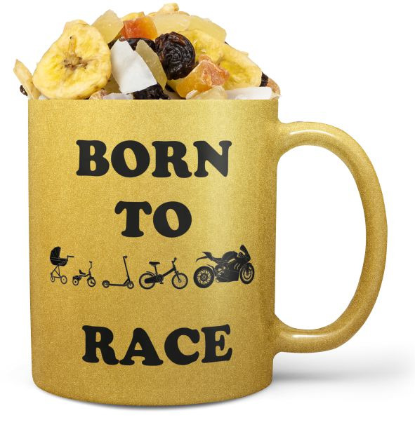 Hrnek Born to race - zlatý (Náplň hrníčku: Tropická směs)