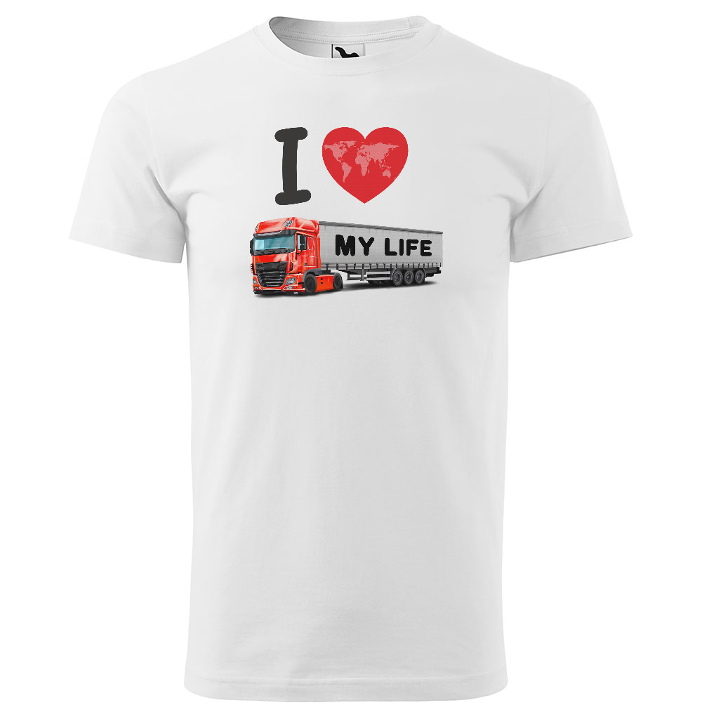 Pánské tričko Kamion – my Life (Velikost: XL, Barva trička: Bílá, Barva kamionu: Červená)