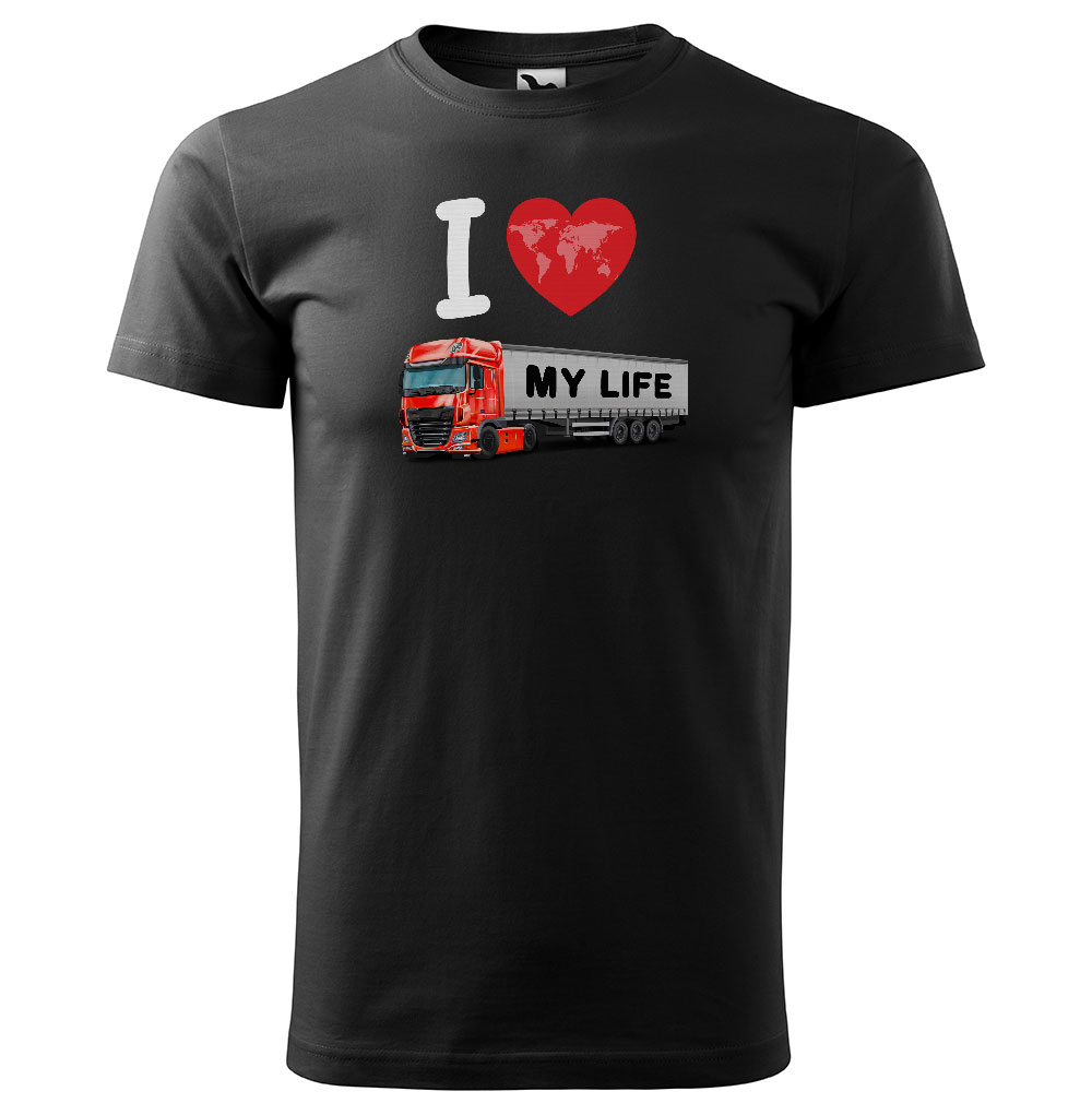 Pánské tričko Kamion – my Life (Velikost: XS, Barva trička: Černá, Barva kamionu: Červená)