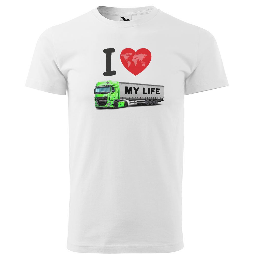 Pánské tričko Kamion – my Life (Velikost: XS, Barva trička: Bílá, Barva kamionu: Zelená)