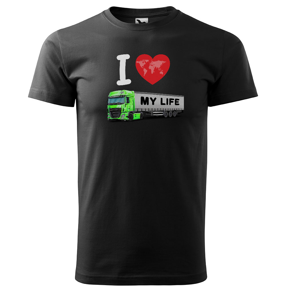 Pánské tričko Kamion – my Life (Velikost: L, Barva trička: Černá, Barva kamionu: Zelená)