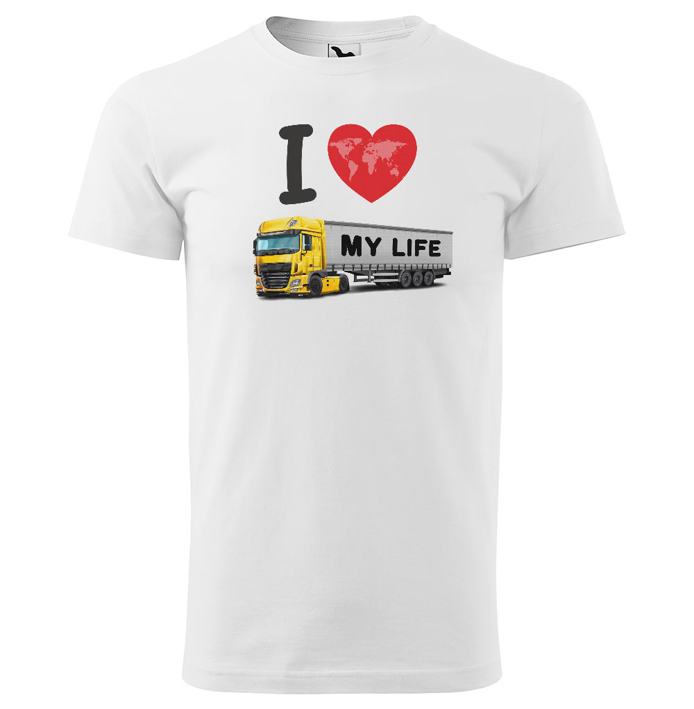 Pánské tričko Kamion – my Life (Velikost: XS, Barva trička: Bílá, Barva kamionu: Žlutá)
