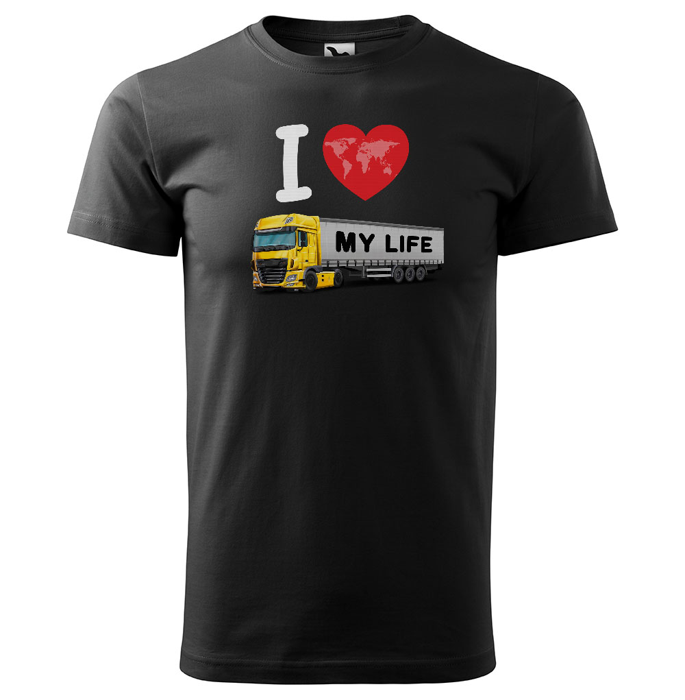 Pánské tričko Kamion – my Life (Velikost: S, Barva trička: Černá, Barva kamionu: Žlutá)