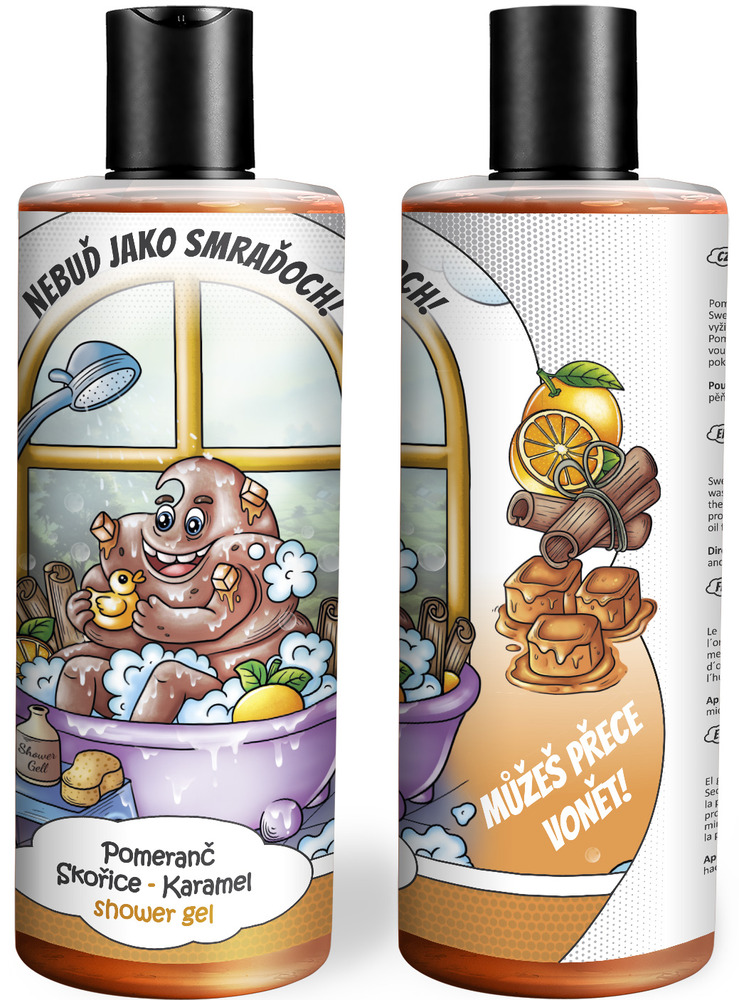 Vtipný sprchový gel – Nebuď smraďoch (Vůně sprchového gelu: Pomeranč, skořice & karamel)