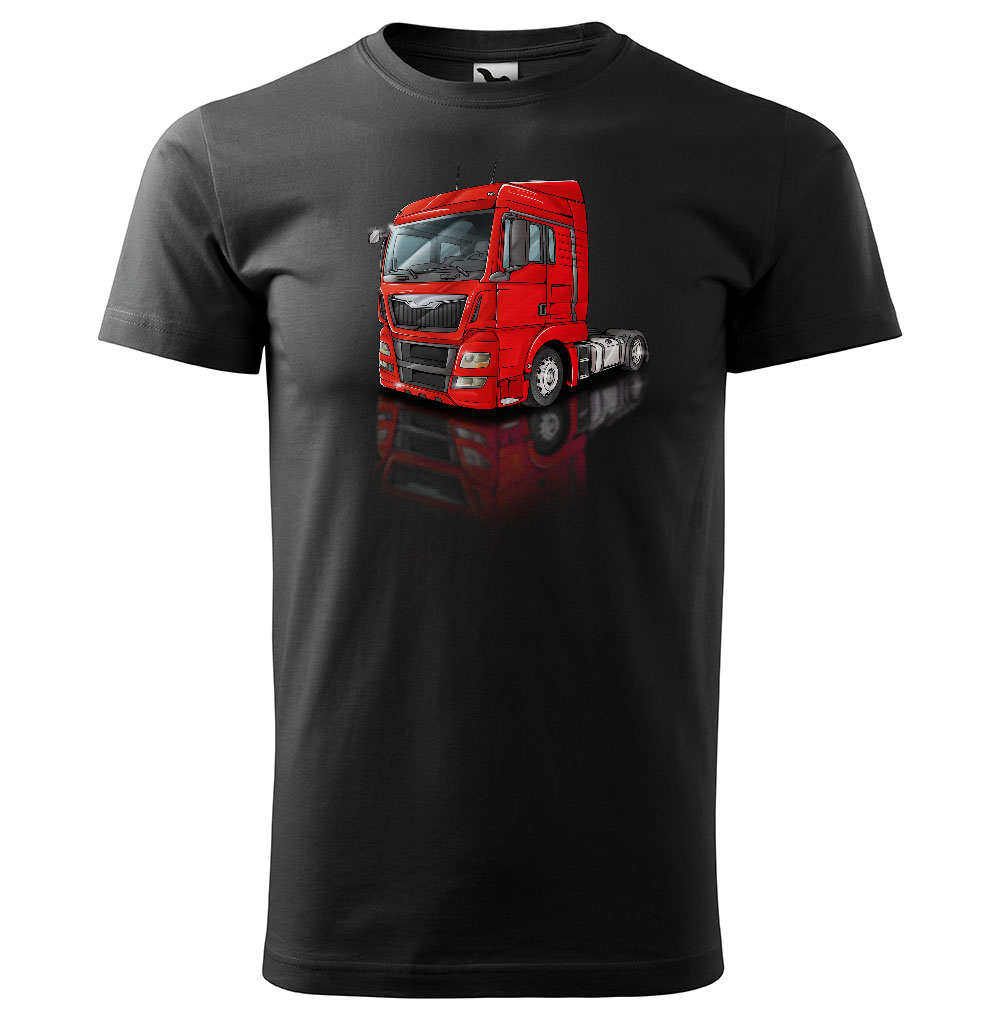 Pánské tričko Kamion – výběr barvy (Velikost: 5XL, Barva trička: Černá, Barva kamionu: Červená)