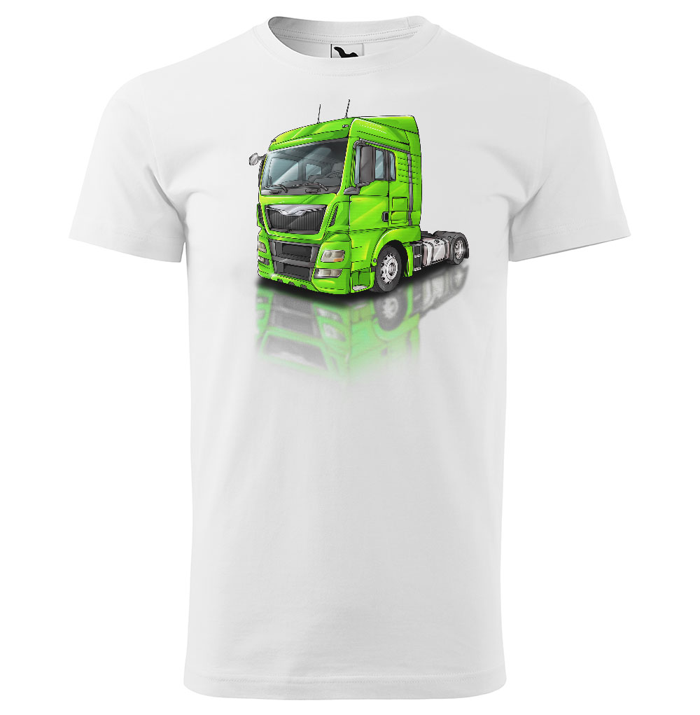 Pánské tričko Kamion – výběr barvy (Velikost: 2XL, Barva trička: Bílá, Barva kamionu: Zelená)