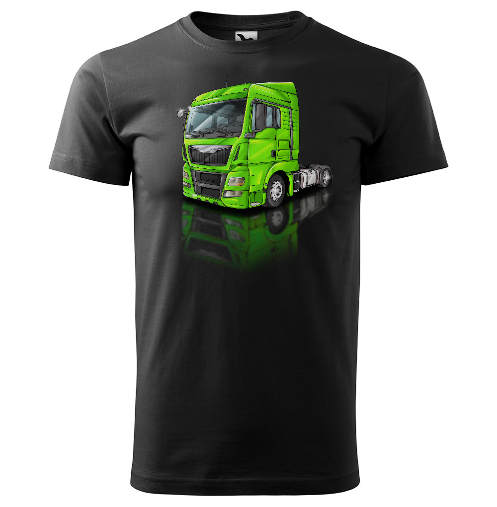 Pánské tričko Kamion – výběr barvy (Velikost: 2XL, Barva trička: Černá, Barva kamionu: Zelená)