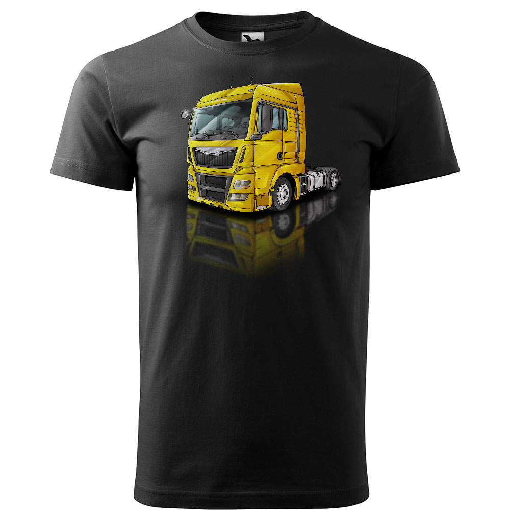 Pánské tričko Kamion – výběr barvy (Velikost: M, Barva trička: Černá, Barva kamionu: Žlutá)