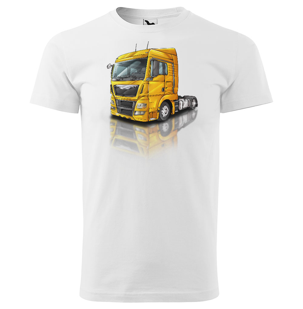 Pánské tričko Kamion – výběr barvy (Velikost: L, Barva trička: Bílá, Barva kamionu: Oranžová)